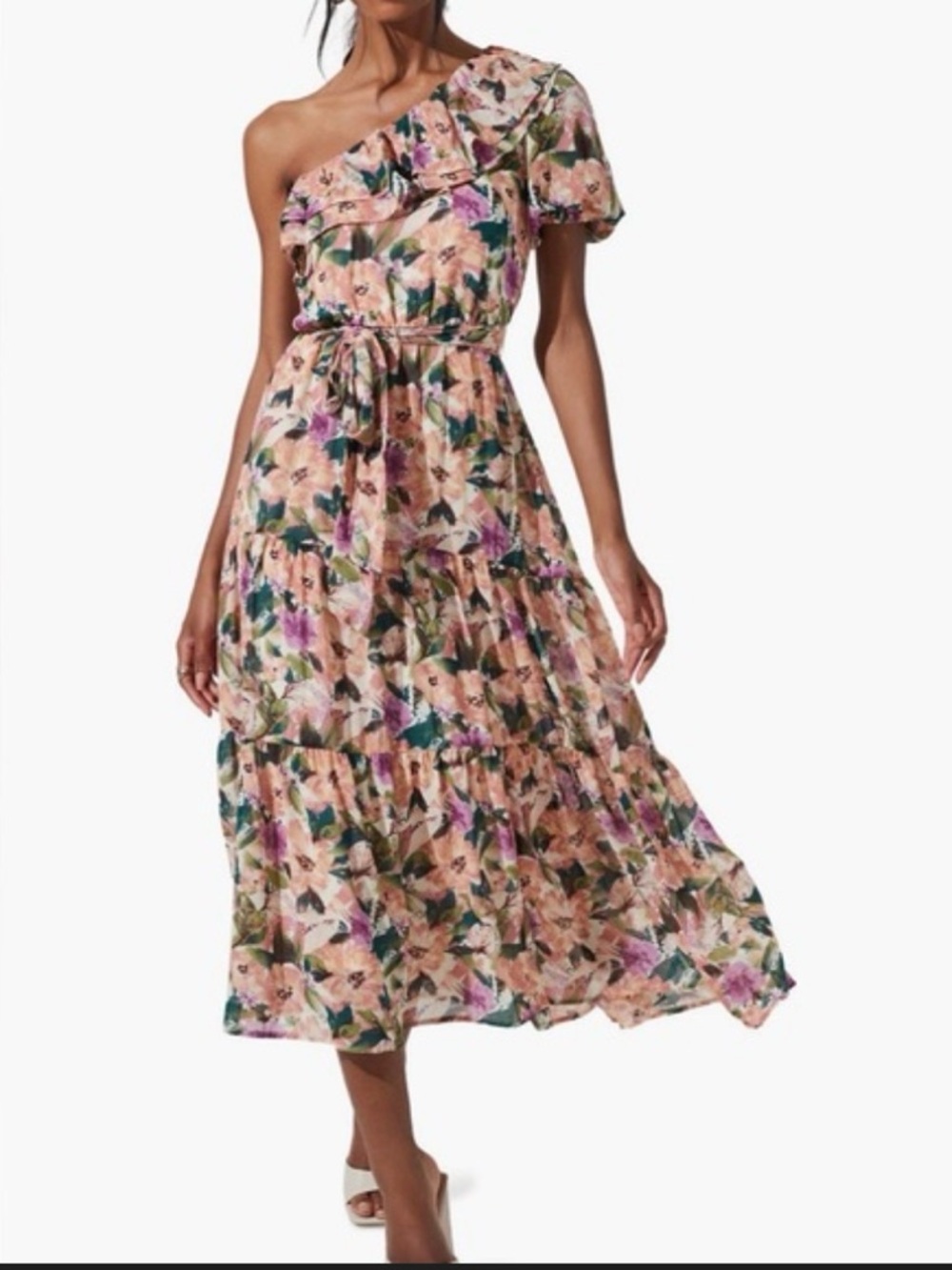 Astr One-Shoulder Floral Midi Dress in Peach, Pink, Green